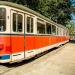 Трамвай на постоянной остановке в городе Калининград