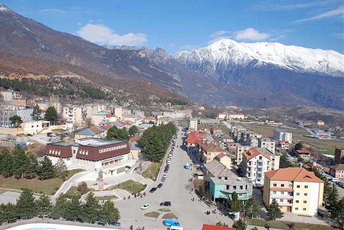 Bajram Curri town framed by snowy mountain peaks