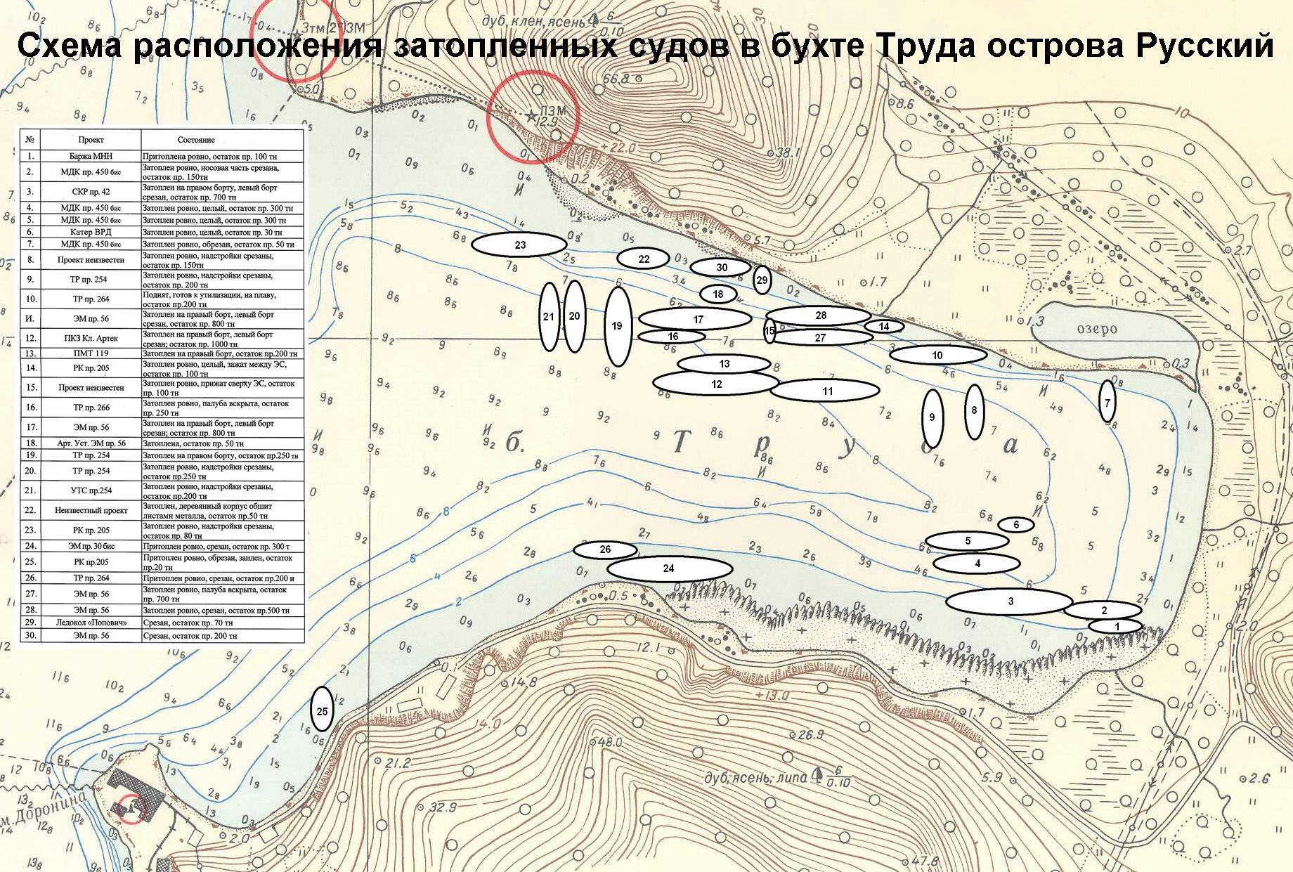 Морская карта острова русский с глубинами